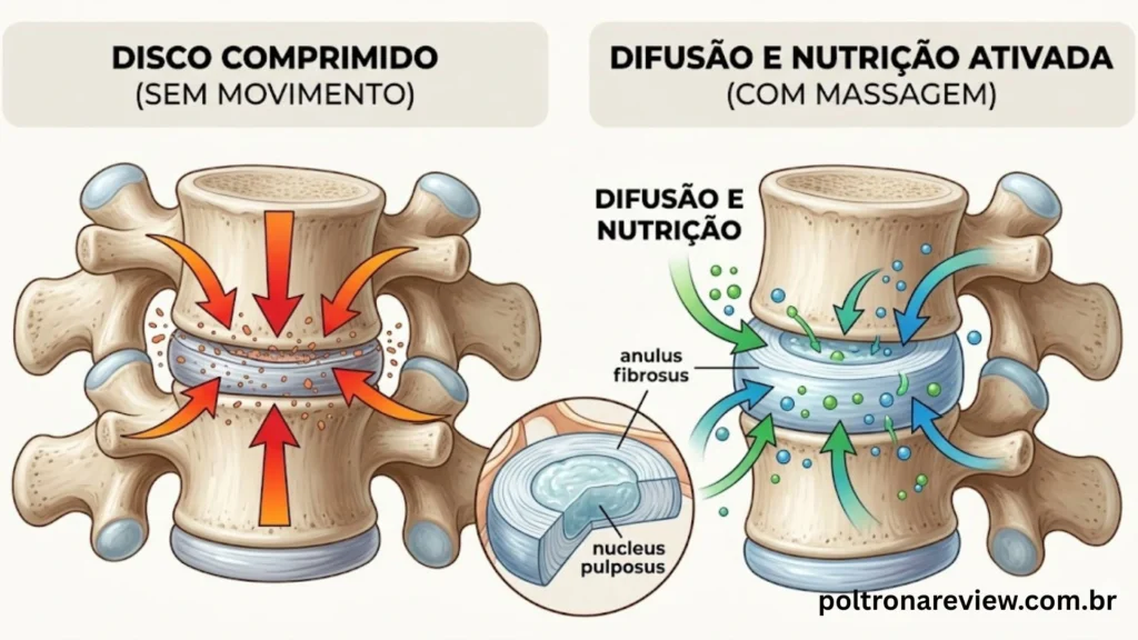 Infográfico mostrando a coluna vertebral humana e o processo de nutrição por difusão dos discos intervertebrais sob efeito de massagem.