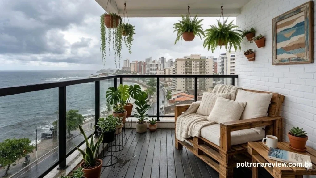 Uma poltrona rústica feita de pallets com almofadas brancas em uma varanda urbana sob céu nublado. A varanda possui piso de madeira escura, guarda-corpo de vidro e muitas plantas, como samambaias suspensas e Monsteras. Ao fundo, vê-se a orla marítima e prédios de uma cidade litorânea sob chuva fina.