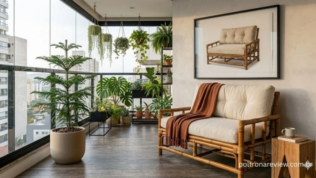 Uma poltrona de bambu envernizado, com almofadas de tecido cru e uma manta marrom, está posicionada em uma varanda de apartamento com piso de madeira cinza e guarda-corpo de vidro preto. Ao fundo, plantas suspensas e em vasos decoram o espaço sob um céu nublado, com vista para a cidade em uma tarde chuvosa.