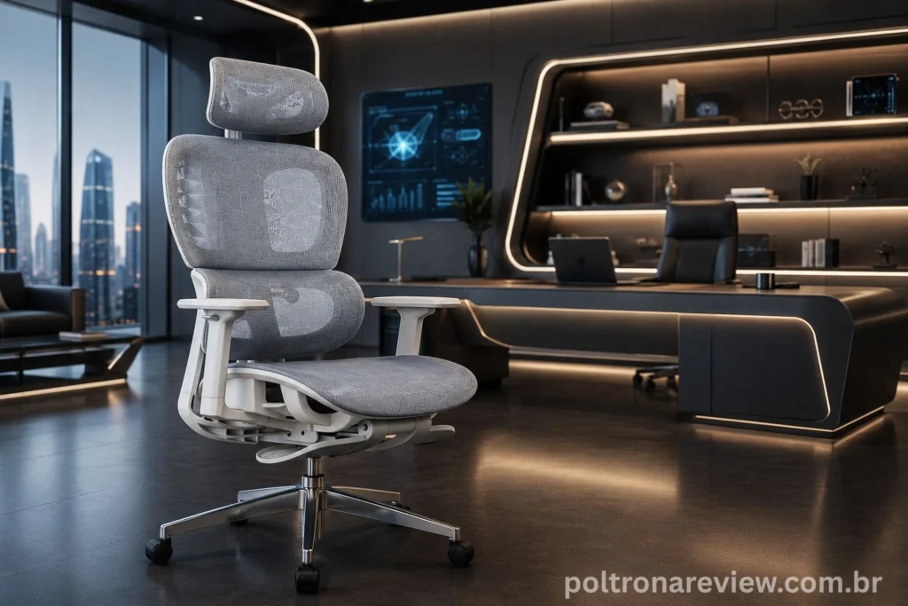 Cadeira executiva de alto padrão Perfs E5 da Sensetup mostrando a estrutura cinza de alumínio, tela mesh importada e ajustes ergonômicos avançados.
