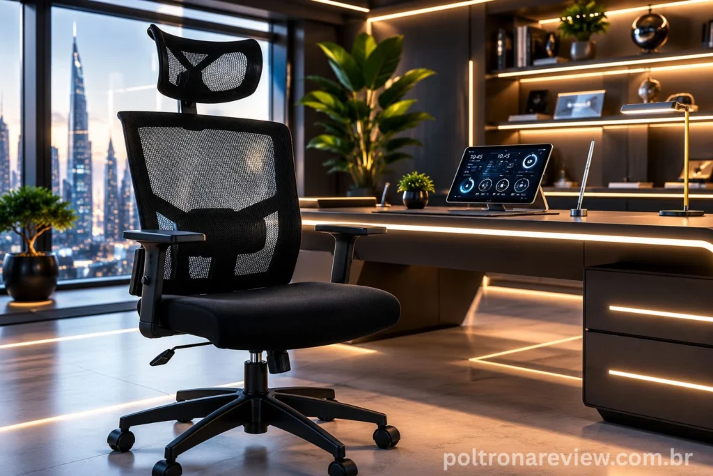 Cadeira presidente ergonômica modelo Anima ANM312 P com encosto alto em tela mesh preta, apoio de cabeça e base giratória reforçada.