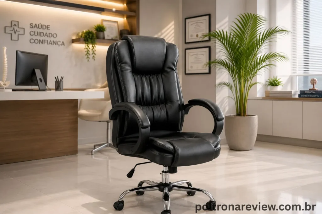 Cadeira de escritório presidente executiva com design sóbrio revestida em tecido escuro e sistema de amortecimento por molas.