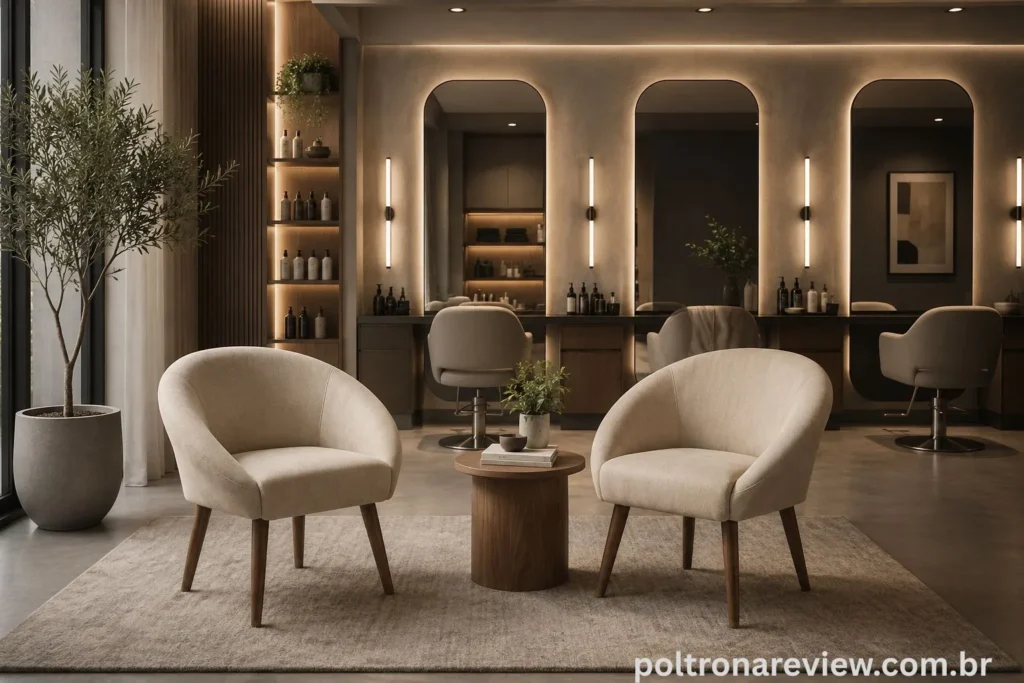 Duas poltronas decorativas modelo Ibiza em tecido suede com pés palito de madeira para sala de espera pequena.