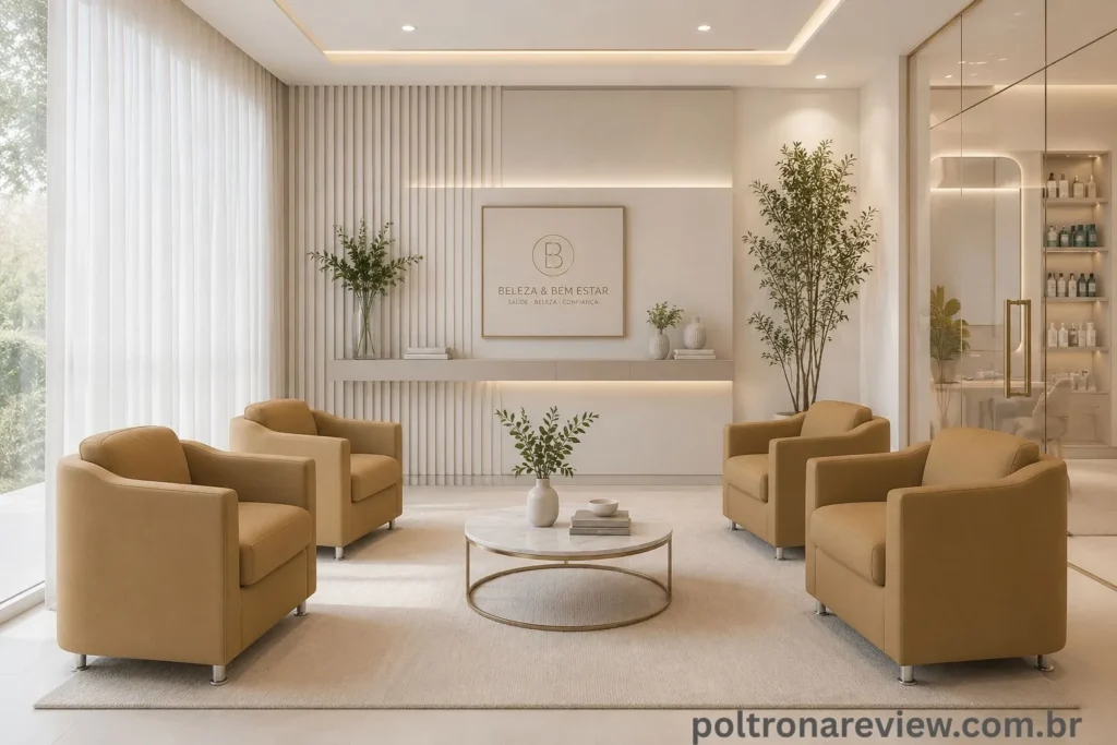 Conjunto comercial com quatro poltronas Tilla arredondadas em tecido suede cinza dispostas em uma sala de recepção ampla.