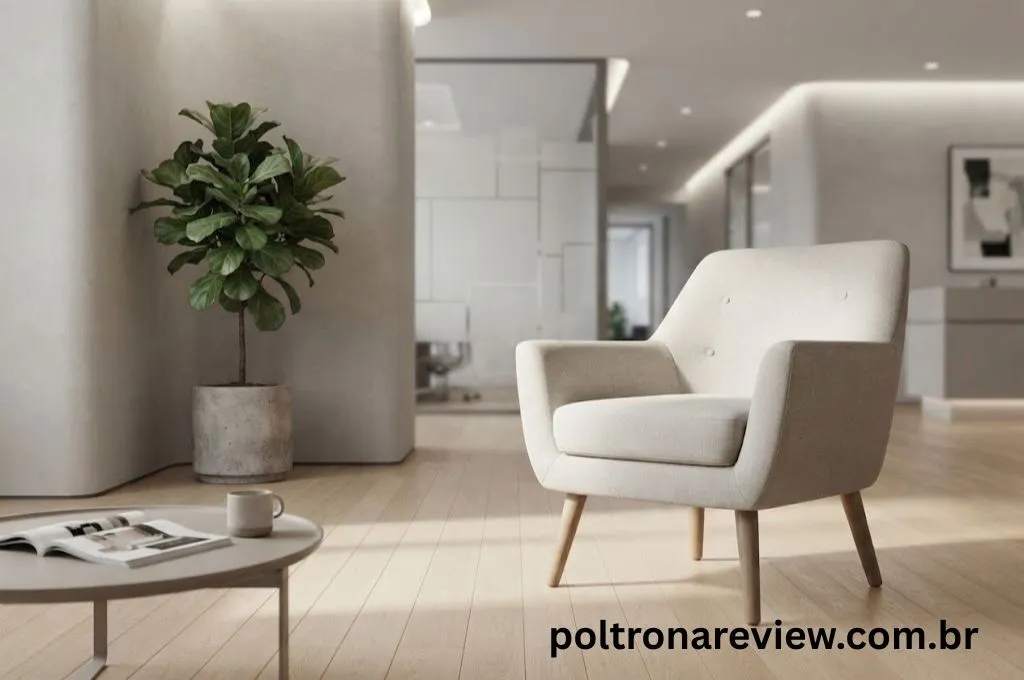 Poltrona decorativa individual posicionada em uma sala de espera de escritório ou clínica.