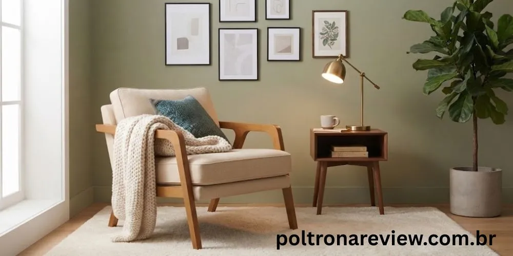 Poltrona decorativa em linho bege com pés em madeira maciça e almofada em sala de estar moderna.