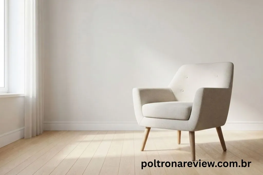Poltrona decorativa individual posicionada em uma sala de espera de escritório ou clínica.