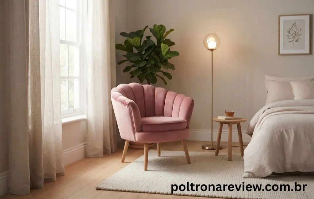 Poltrona decorativa no formato pétala em veludo rose com pés de madeira em uma sala de estar iluminada
