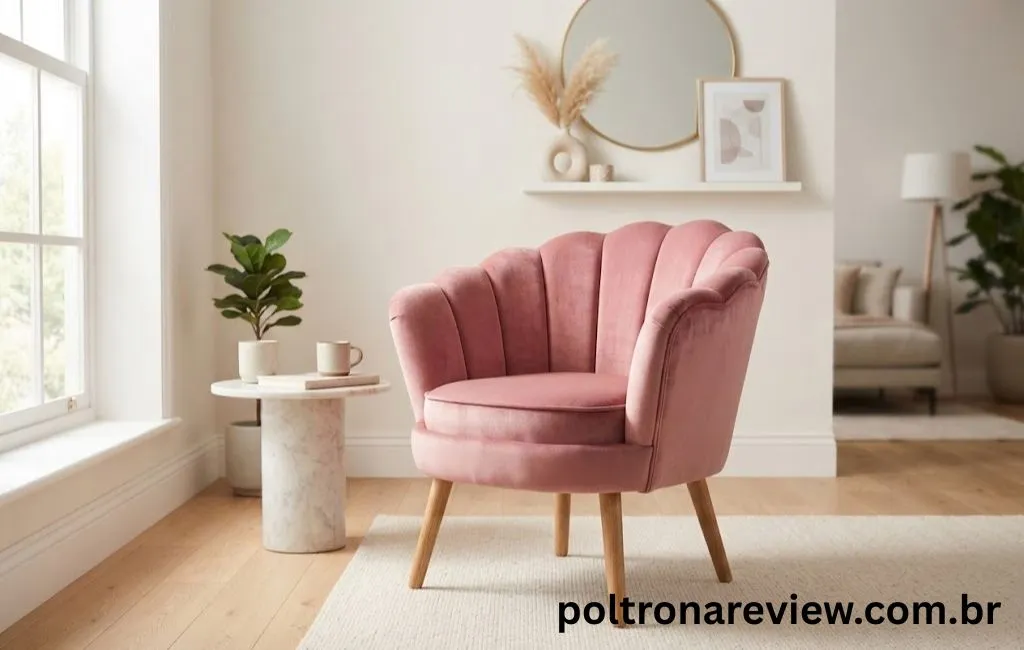 Poltrona decorativa no formato pétala em veludo rose com pés de madeira em uma sala de estar iluminada.