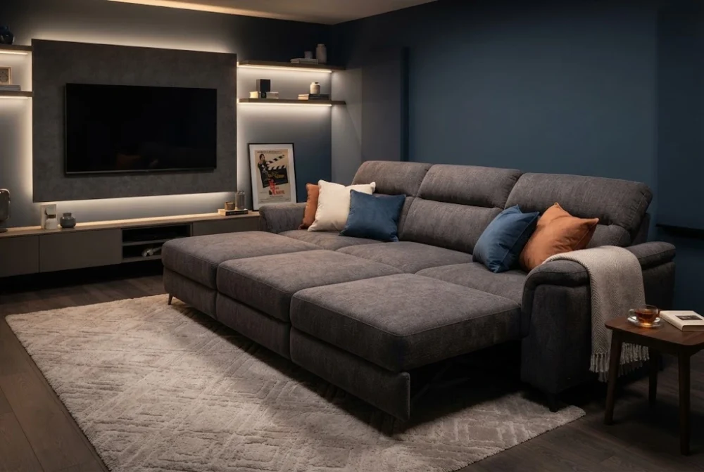 Sofá de 3 lugares retrátil e reclinável com assentos estendidos em uma sala de TV aconchegante.