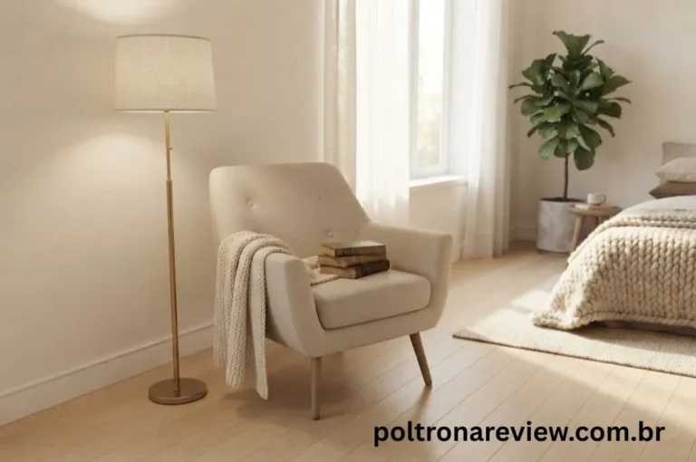 Poltrona decorativa posicionada no canto de um quarto acolhedor ao lado de uma luminária