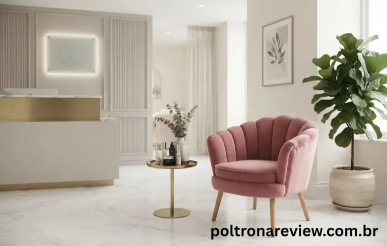 Poltrona em veludo rose posicionada na recepção de um estúdio ou ambiente comercial.