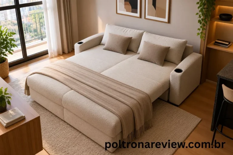 Sofá-cama convertido na posição de cama de casal arrumado com manta e almofadas em um apartamento estúdio.