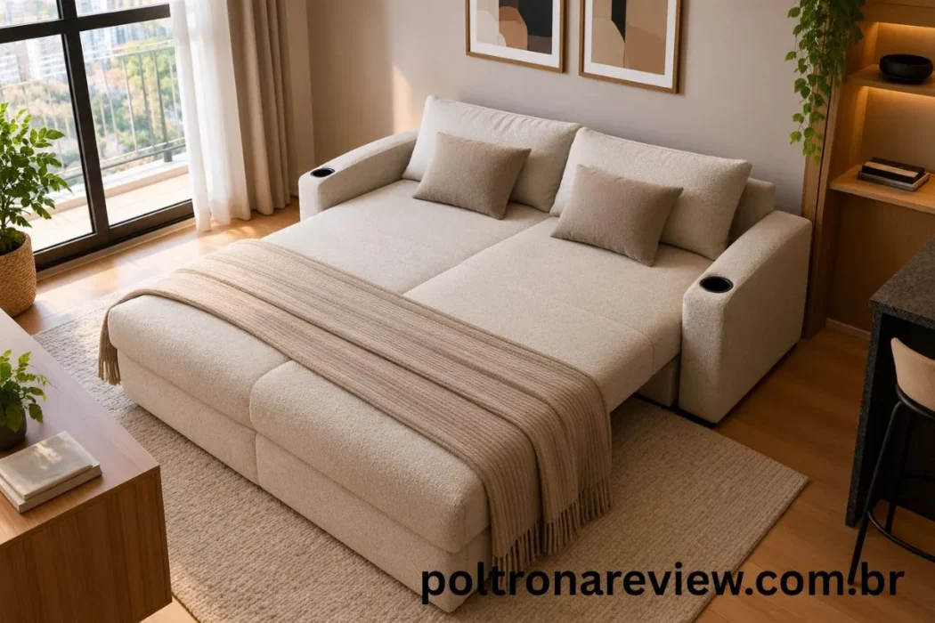 Sofá-cama convertido na posição de cama de casal arrumado com manta e almofadas em um apartamento estúdio.